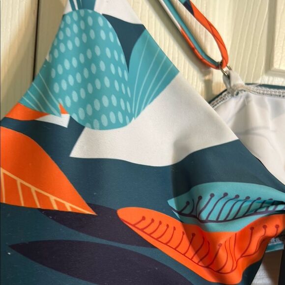 SHEIN Size X-Large Teal Orange White Swim Colorful Leaf Print Bikini Top Padded - Picture 3 of 8